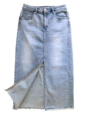 Risen Jeans Light Wash Stretch Denim Maxi Skirt – Front Slit, Frayed Hem -Size L